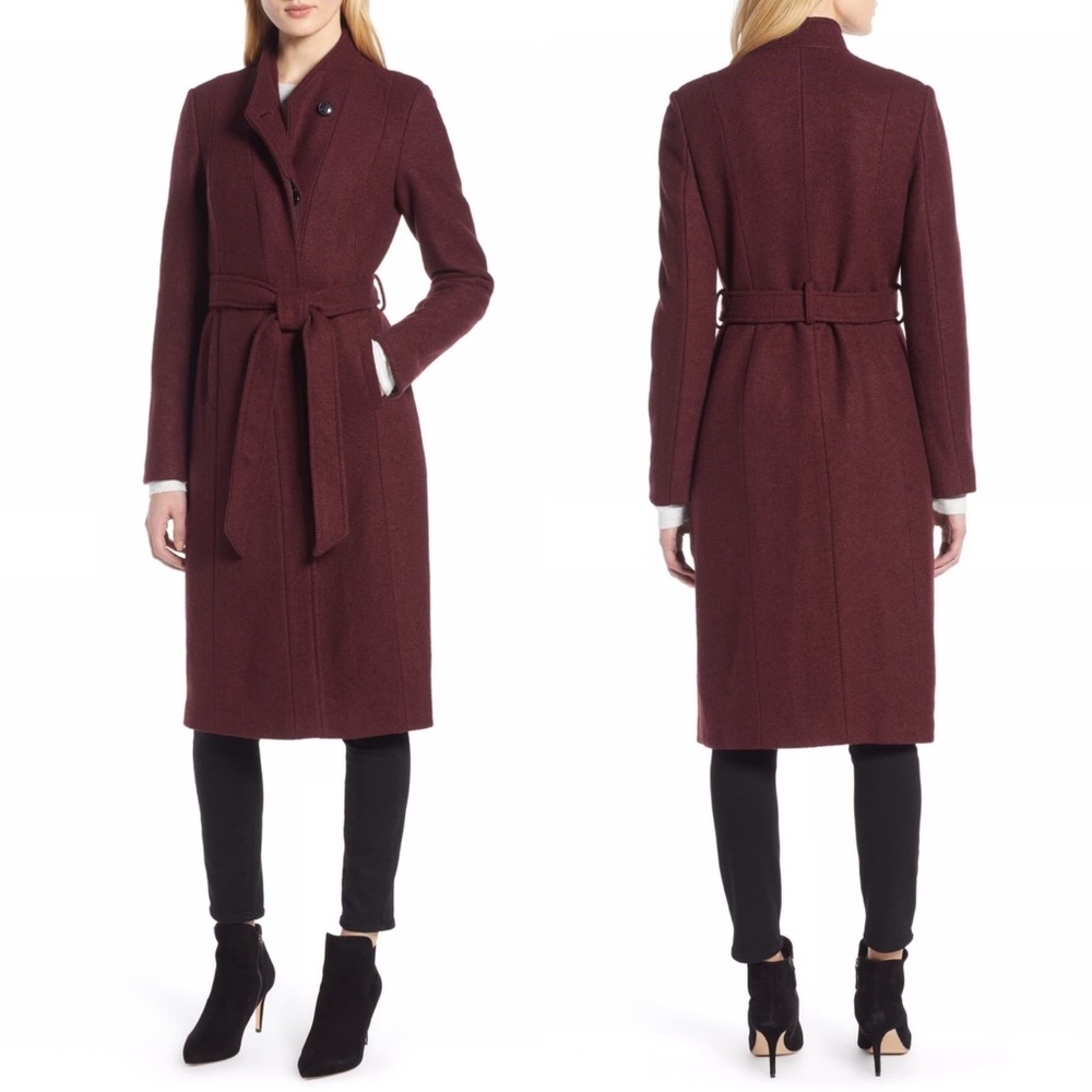 ✨NWT✨ COLE HAAN Signature Wool Blend Woven Button Front Coat in Bordeaux Sz US 8